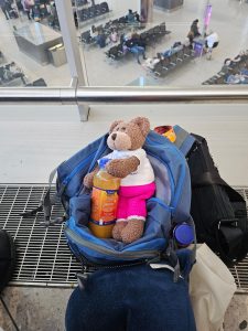 Tedwina has got a drink in the backpack at the airport