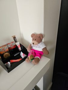 Tedwina has found the biscuits in the hotel
